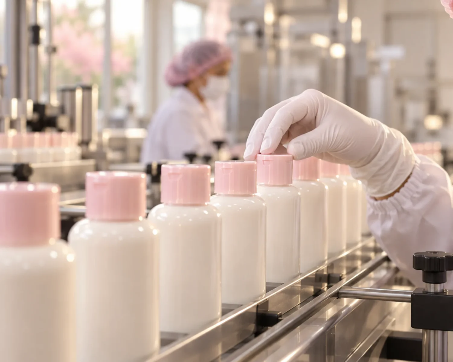 Pemeriksaan mutu di jalur produksi, botol diperiksa satu per satu dengan sarung tangan