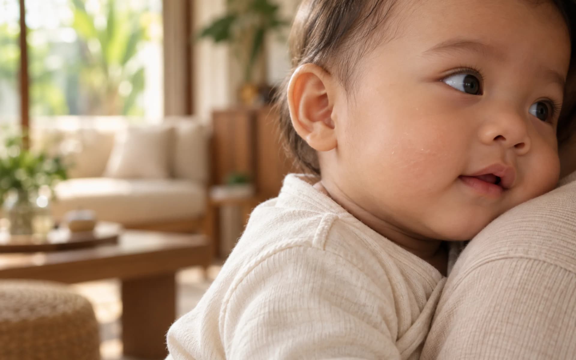 Kulit pipi lan pundhak bayi ing cahya ingkang alus