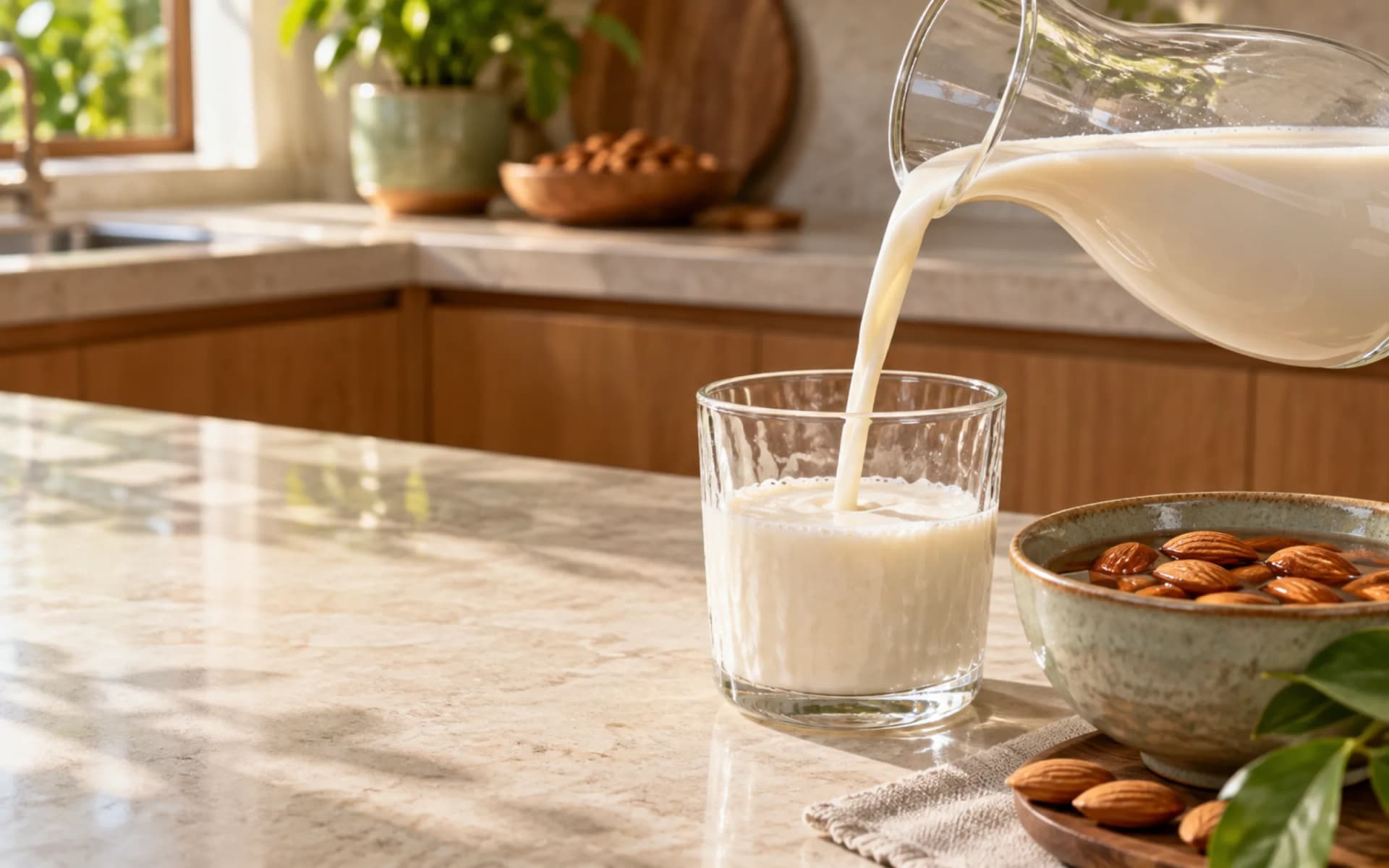 A glass of almond milk poured beside a bowl of soaked almonds