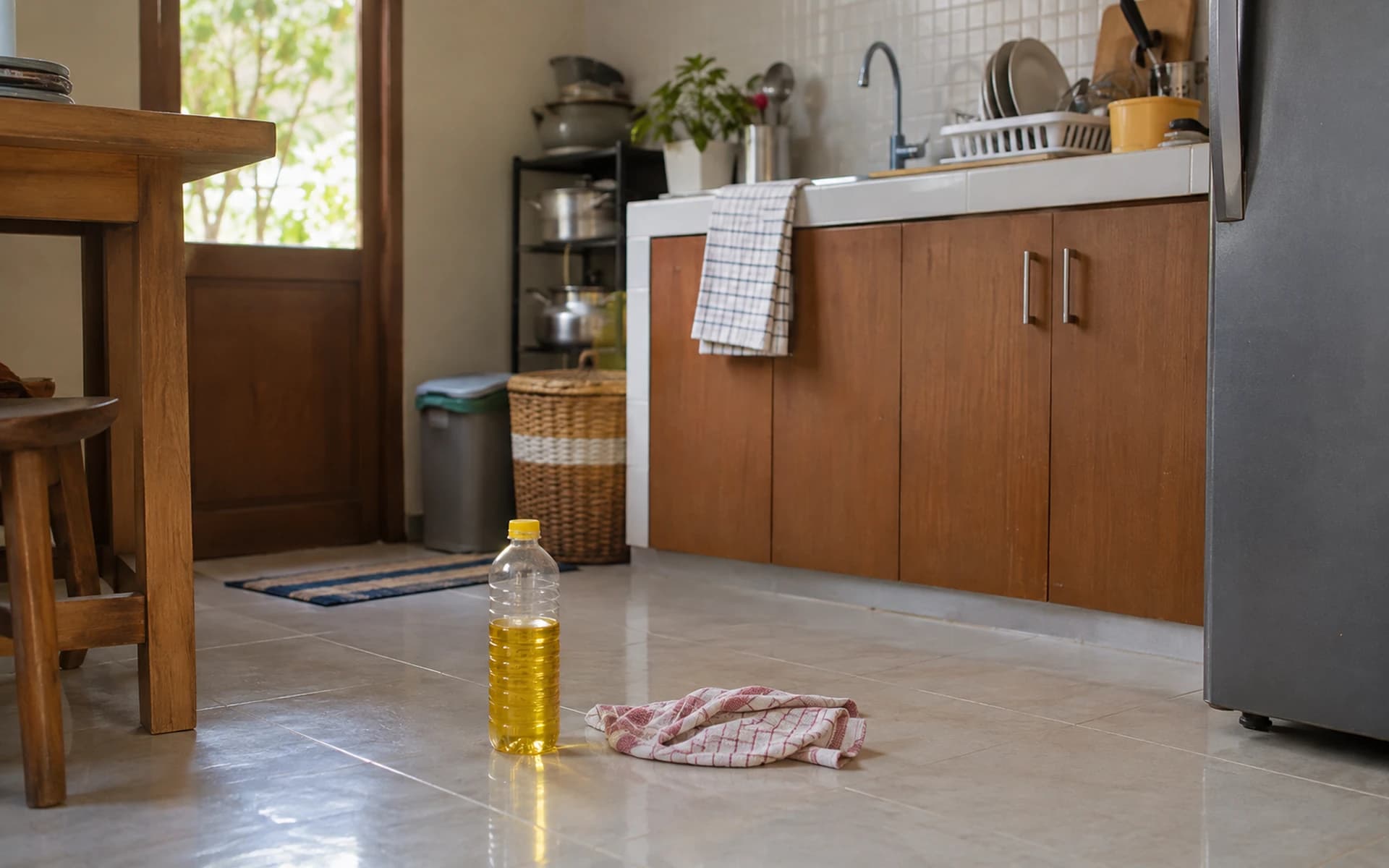 Lantai dan meja dapur rumah yang baru dibersihkan