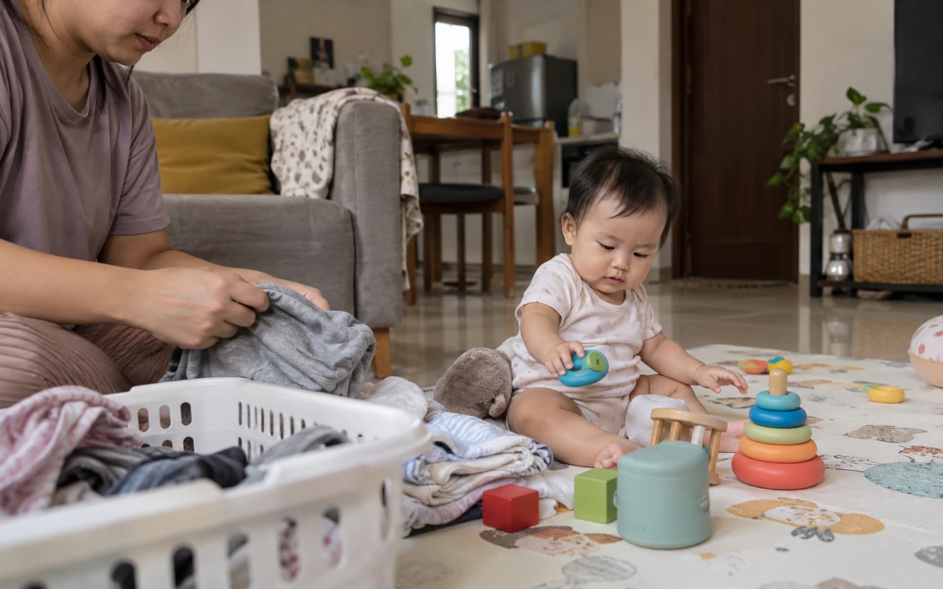 Bayi bermain di lantai bersama orang tuanya di rumah