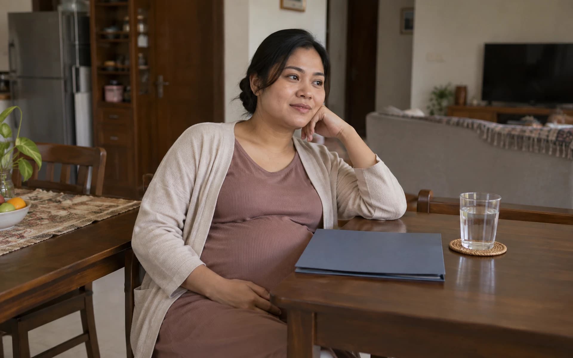 Ibu hamil duduk di meja dengan buku catatan kehamilan