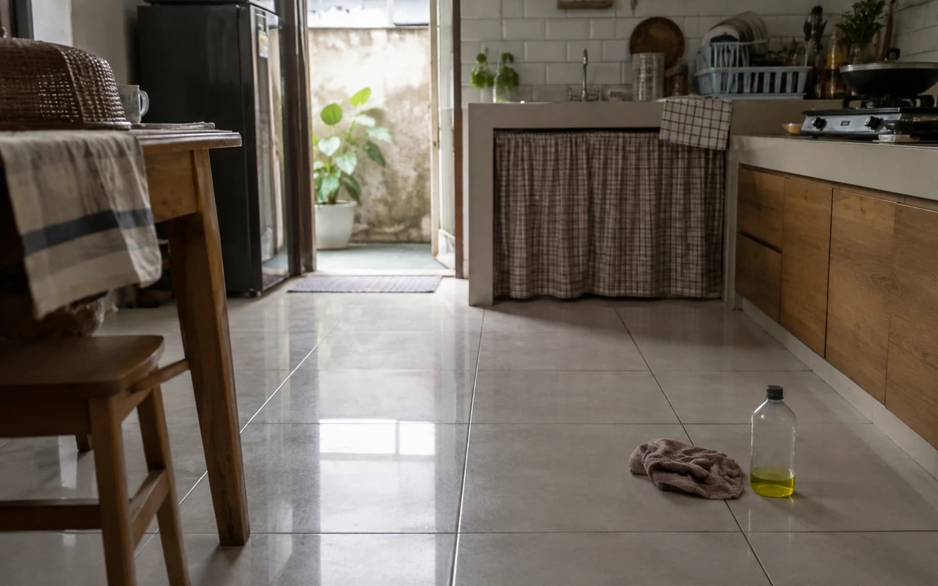 Lantai dan meja dapur rumah yang baru dibersihkan