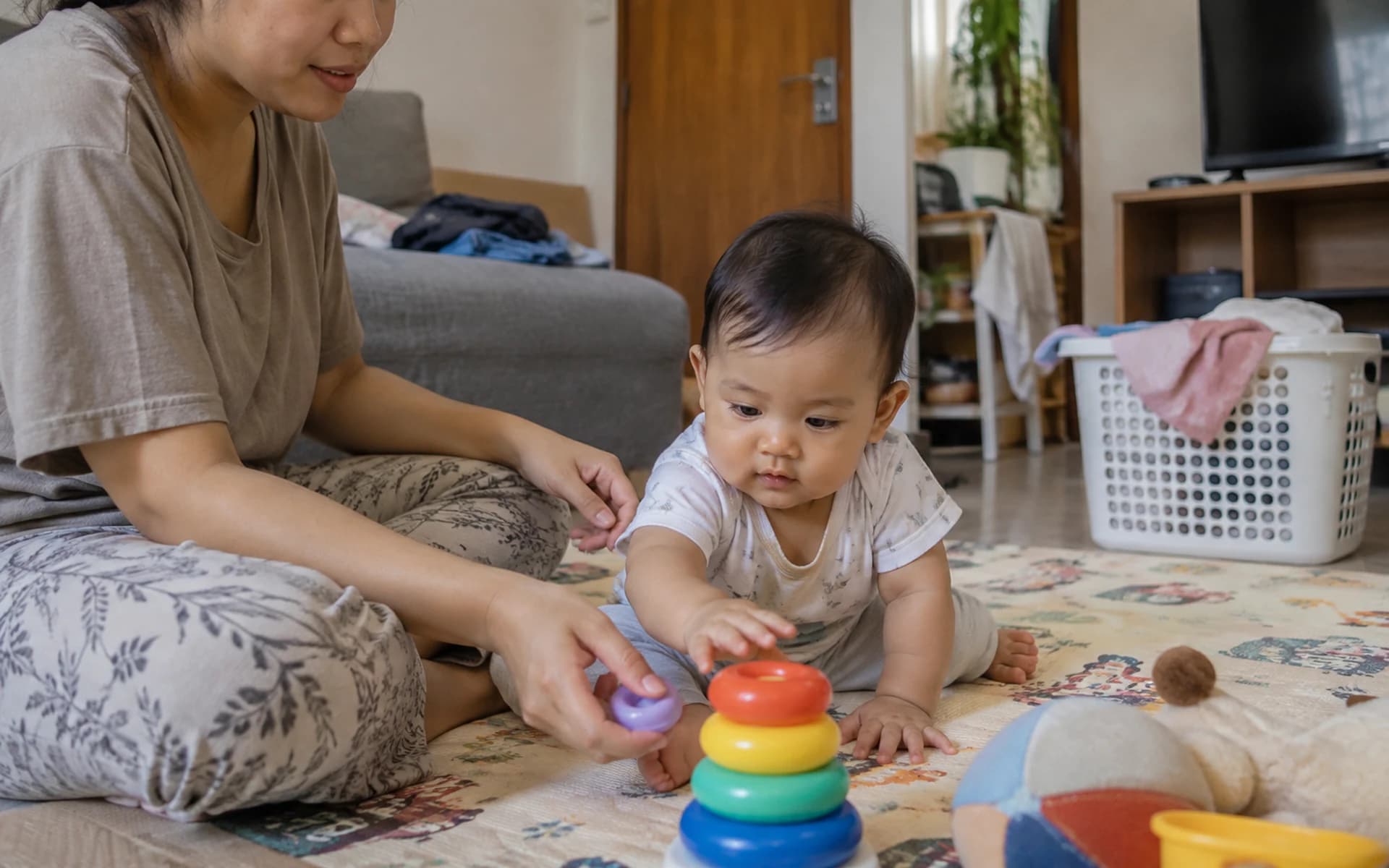 Bayi bermain di lantai bersama orang tuanya di rumah