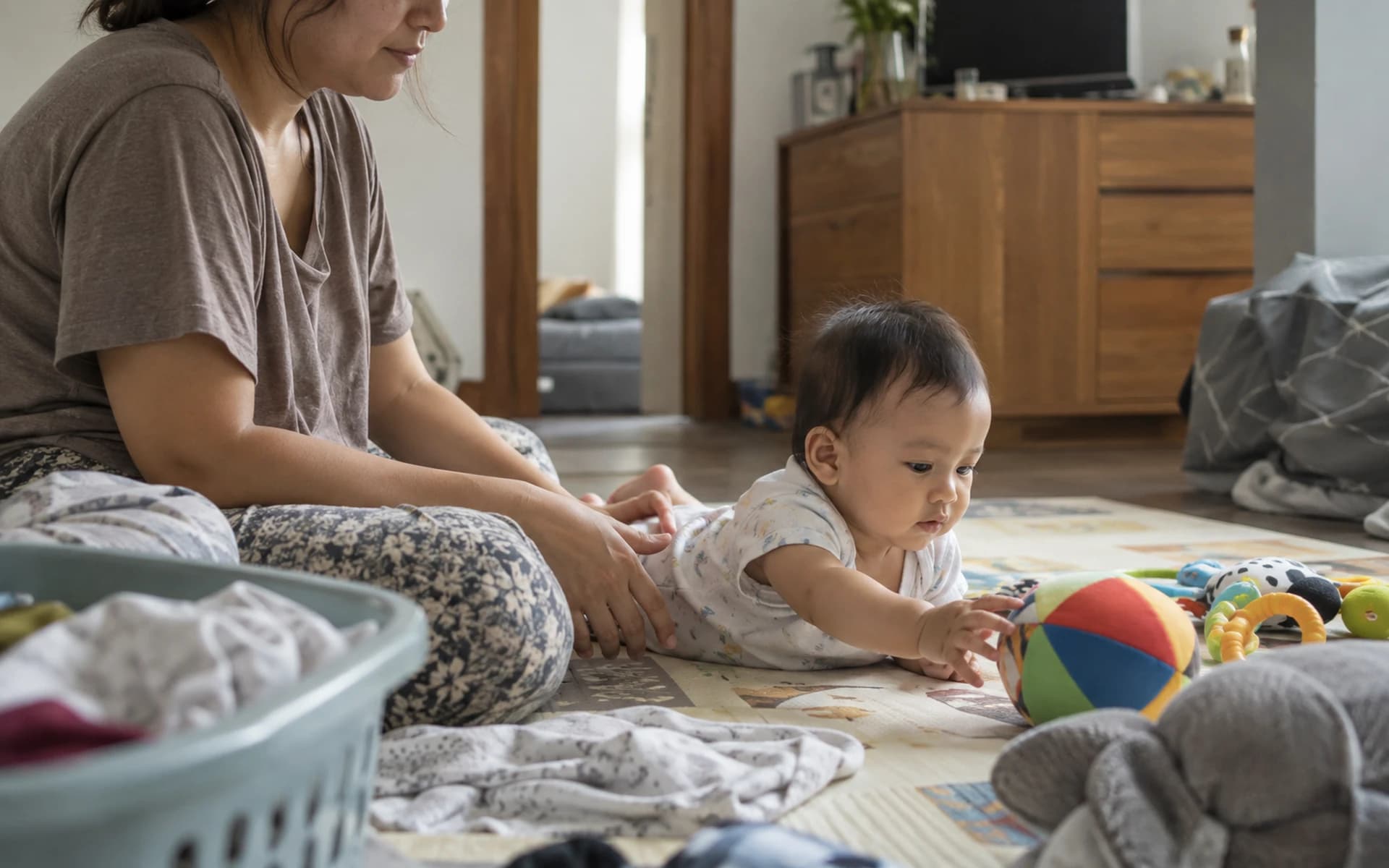 Bayi bermain di lantai bersama orang tuanya di rumah