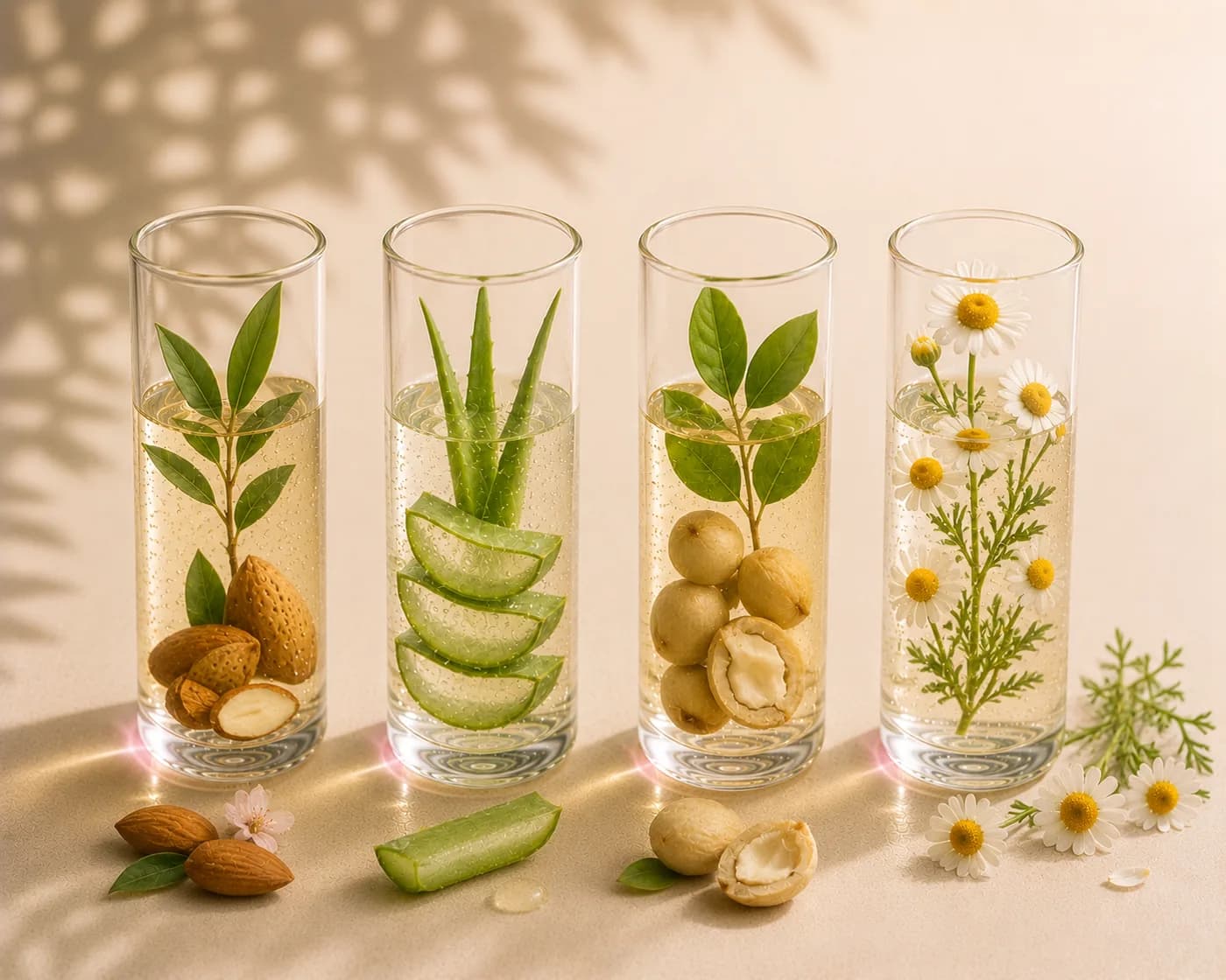 Almond, lidah buaya, zaitun, dan chamomile dalam tabung kaca