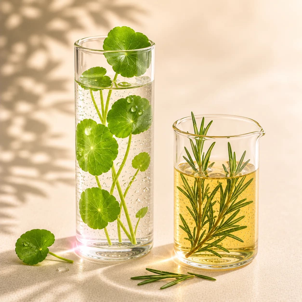 Pegagan dan daun rosemary dalam tabung kaca berisi minyak