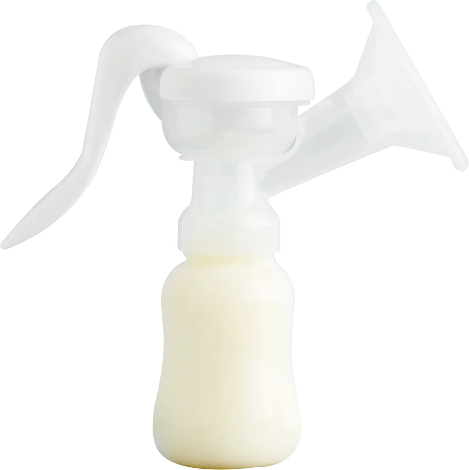 A manual breast pump holding expressed milk